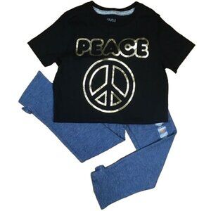 Gymboree Black T-shirt (Size 4/XS) w/ gold "peace" print & Blue Jegging (Sz 4T)